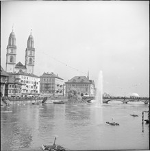 Zurich Festival 1953; fountain, Limmat river.