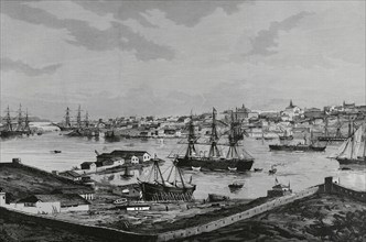 History of Spain. Mahon, Menorca, Balearic Islands. View of the city and port, from the dockyard.