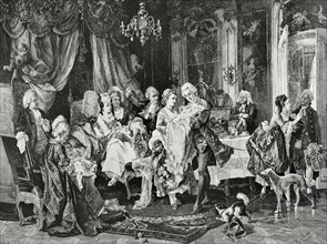 18th-century European society. Return from the christening. Scene of aristocratic customs at the