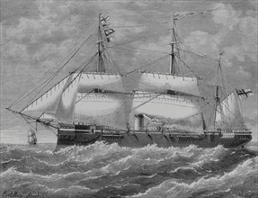 HMS Canada"" (1881) and ""HMS Conquest"" (1878). British Royal Navy. Drawing by Cortellini Sanchez.