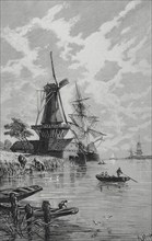 A canal in the Netherlands. Drawing by Rafael Monleon. Engraving by Vela. La Ilustracion Espanola y