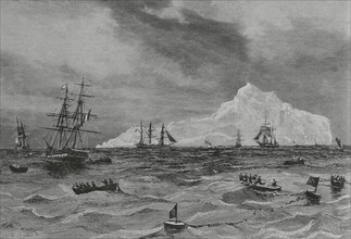 Canada. Cod fishing in Grand Banks of Newfoundland. Drawing by A. de Caula. Engraving by Tomas