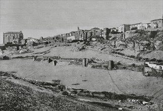 History of Spain. Ronda, Andalusia. Panoramic view of the town with its ancient walls founded by