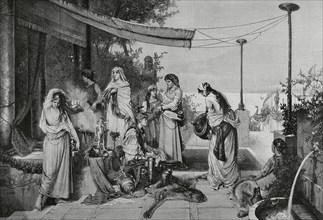 Women of Carthage. Engraving by R. Brendamour after a painting by Richard Linderum (1851-1926). It