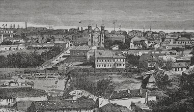 Galati, Romania. Panoramic view of the city on the shores of the Danube river. Engraving. ""La