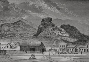 Bulgaria. General view of Philippopolis (Plovdiv). Drawing by H. Scott. Engraving by Daudenarde.