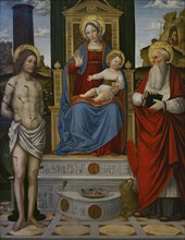 The Virgin and Child enthroned between Sts. Sebastian and Jerome. Painting by a Lombard artist. Oil