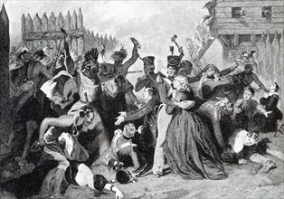 This illustration shows the massacre at Fort Mims (also spelled Mimms) that took place on August