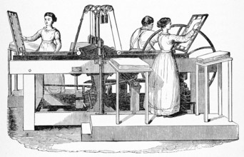 In this 1901 illustration of a Frances Adams bookpress, two women and a man are shown using a screw