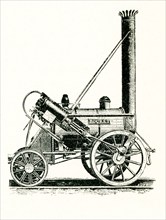 The rocket locomotive built by Robert Stephenson. The 'Rocket,' shown here in this 1901 engraving,