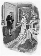 An English man and woman meet in a room adjoining another where there is at a ball in the 1890s,