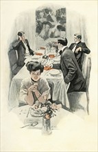 English men and woman sit at table in a restaurant area in the 1890s, the Victorian period. The