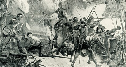 The 1899 caption reads” “Commodore Perry in the Niagara breaking the British line of Battle Lake