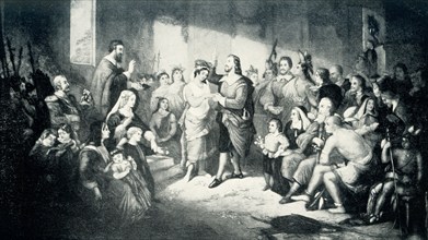 This 1899 illustration shows the marriage of Pocahontas to John Smith. English Captain John Smith