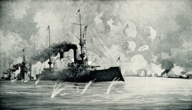 This 1899 illustration shows: “Battle of Manila Bay.”  The Battle of Manila Bay, in the