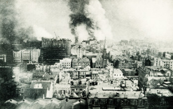 This 1899 illustration shows: “Destruction of San Francisco.” On the morning of April 18, 1906, a