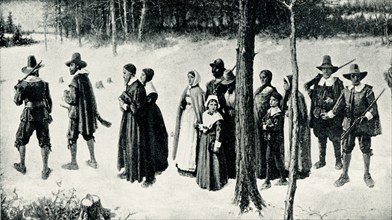 This 1899 illustration shows: “Pilgrims going to Church.”  In American history, the Pilgrims were