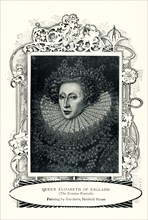 This 1899 illustration shows Queen Elizabeth I of England as painted by Zucchero as derived from