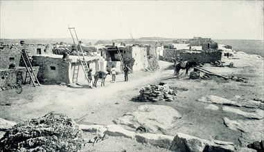 This 1899 image shows an ancient Moqui village that was recently discovered. Hopi refers to a group