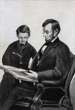 The caption for this image reads: 'Lincoln and his son Thomas known as Tad - fron photograph by