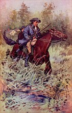 The caption for this illustration reads: And Horse Shoe Robinson put his horse to a gallop. It is