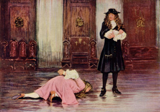 The caption for this 1902 illustration reads: Duke of Monmouth craving pardon of King James.It is