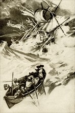 The 1917 caption reads: “Escape from the shipwreck – Robinson Crusoe.” Robinson Crusoe is a novel