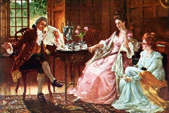 In this early 1900s illustration, a man is reading to two women in a room in their home.