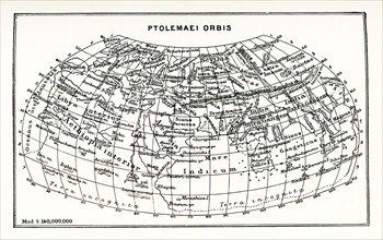 This map shows the world according to Ptolemy. The scale is 1 to 140,000,000. Ptolemy, an