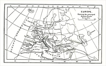 This map of europe shows the principal ancient Roman roads throughout the area. The network of