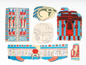 The illustrated fragments seen here are decorated wrappings that were found with a mummy in a tomb