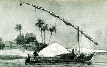 This 1903 illustration shows a typical Nile boat trasnporting a load of grain on the Nile River.