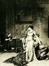 The caption on this 1903 image reads: “Cleopatra before Julius Caesar from painting by Gerome.” It