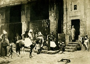 This 1903 image shows a street scene in Cairo, based on a painting by Gerome. Jean-Léon Gérôme