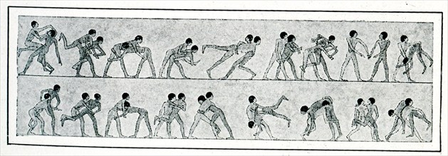 This wall painting showing wrestlers was found at Beni Hasan,  and is based on the drawing done by