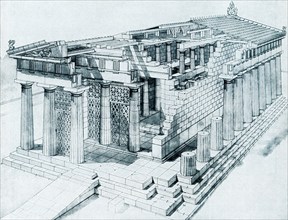 This sketch shows the Temple of Aphaia in Aegina at the beginning of the 5th century BC. It is