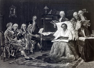 This illustration of the Austrian composer and pianist Wolfgang Amadeus Mozart singing his requiem