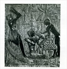 This carved relief from the tomb of Ptahhotep in Saqqara shows three figures. Ptahhotep was a