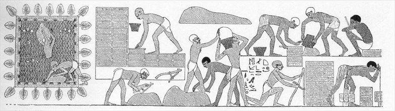 This illustration replicates a relief in the Tomb of Rekhmire and shows Egyptian workers building a