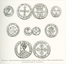 The coins and medals shown here were minted during the siege of Paris of 1590. The figure is