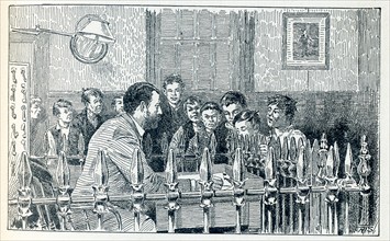 This late 19the-century illustration shows boys in New York City applying to the superintendent at