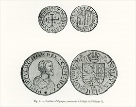 Shown here are late 1800s engravings of Spanish doubloons. The portrait here is Philip II of Spain.