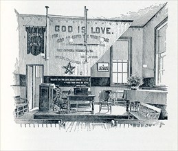 This late 19the-century illustration shows the room with a platform that faces the audience in the