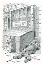 This late 19the-century illustration shows an everyday scene outide the Water Street Mission in New