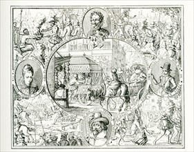 The caption for this engraving reads: Scenes of the attack and torture of Ravaillac, with portraits