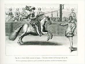 The caption for this engraving reads: Louis XIII enters the ring. The person on foot at right is