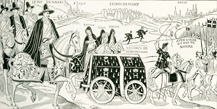 The illustration shows the bringing of the remains of the assassinated Henri III to Poissy, in