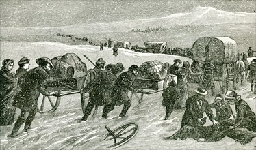 This illustration from 1896 shows a Mormon Hand-Cart Comoany crossing the Plains. The Mormon