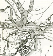 Two forts stand at the entrance of Charleston Harbor. Patriots inside a palmetto log fort, later