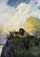 The caption for this image by NC Wyeth that accompanies the tale of Robinson Crusoe by Daniel Defoe